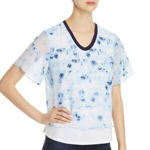 Donna Karan sand sea &sky Light Blue V-Neck Sheer Double Layer Printed Top Sz L